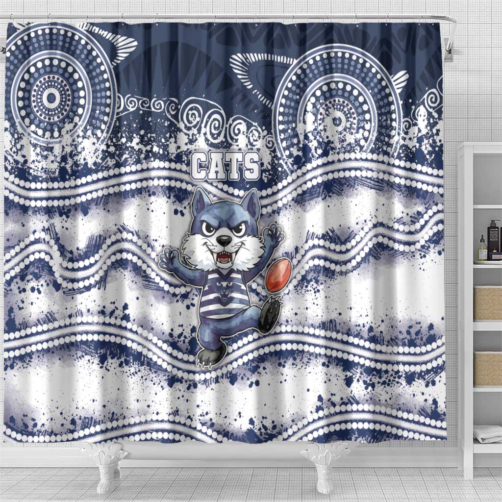 Geelong Navy Shower Curtain Playful Cat Kicking Ball