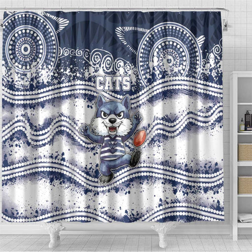 Geelong Navy Shower Curtain Playful Cat Kicking Ball