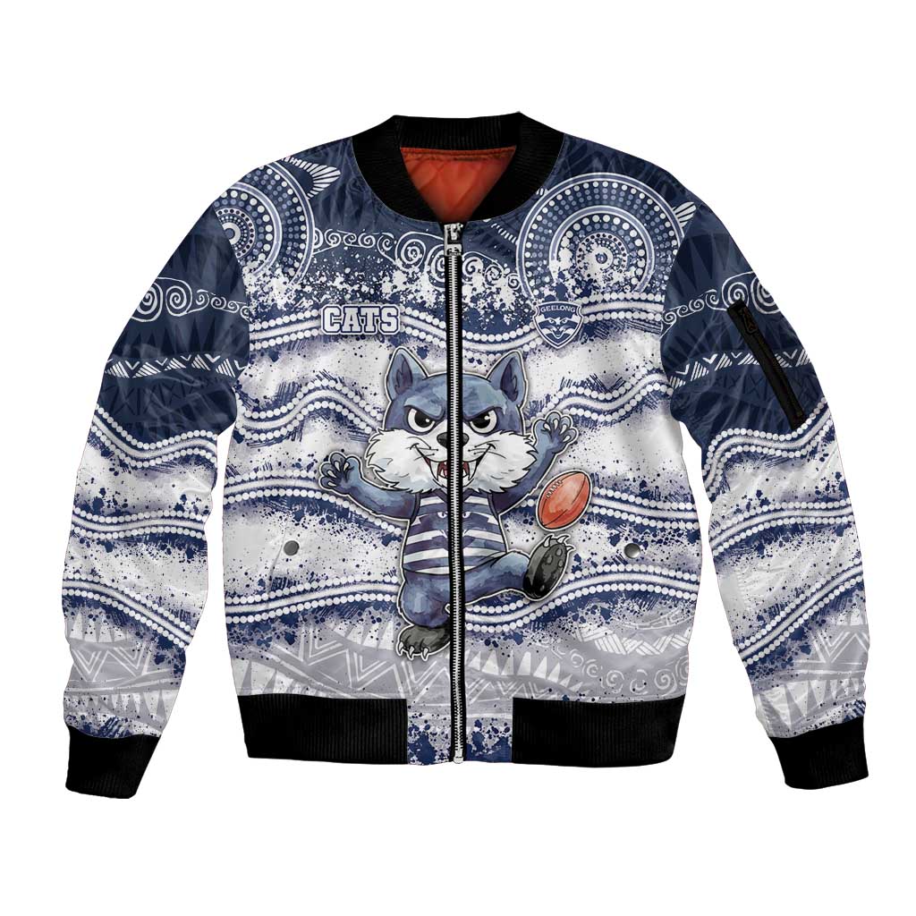 Custom Geelong Navy Sleeve Zip Bomber Jacket Playful Cat Kicking Ball