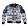 Custom Geelong Navy Sleeve Zip Bomber Jacket Playful Cat Kicking Ball