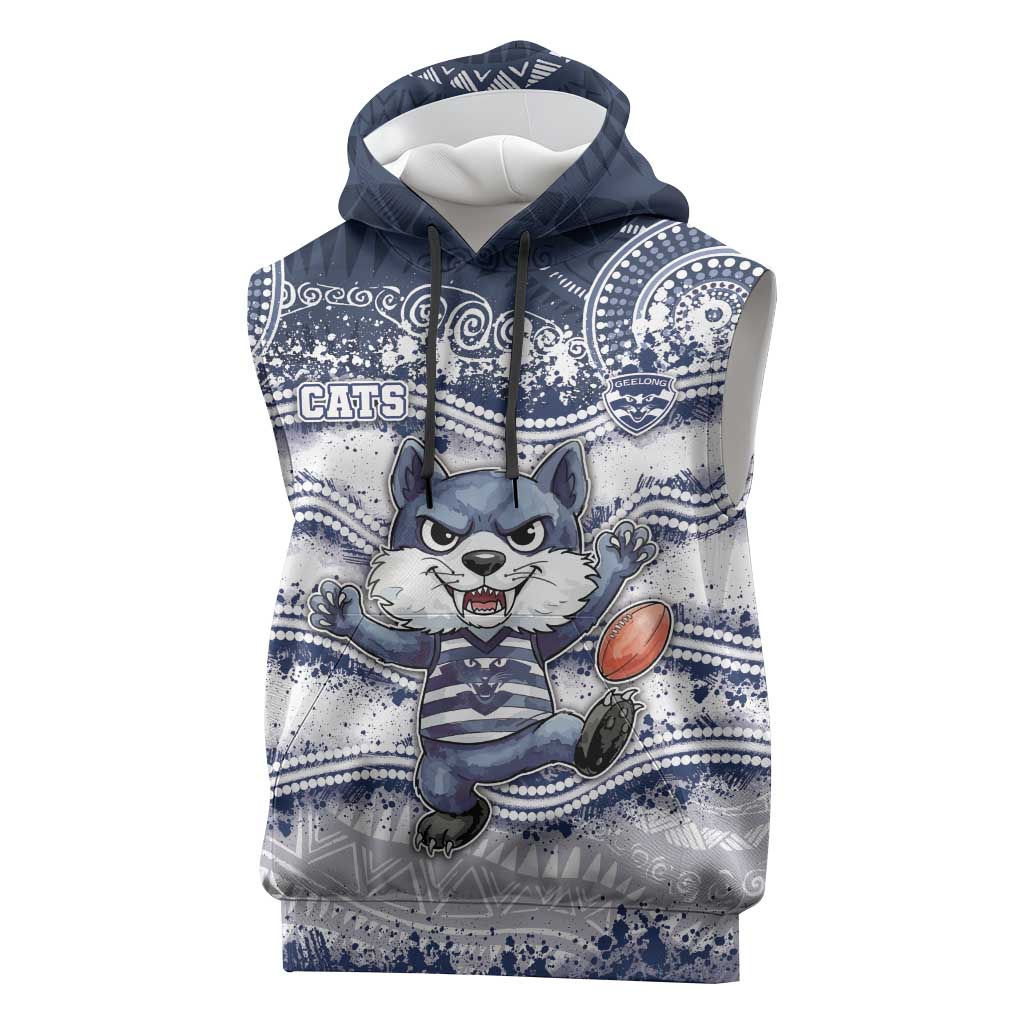 Custom Geelong Navy Sleeveless Hoodie Playful Cat Kicking Ball