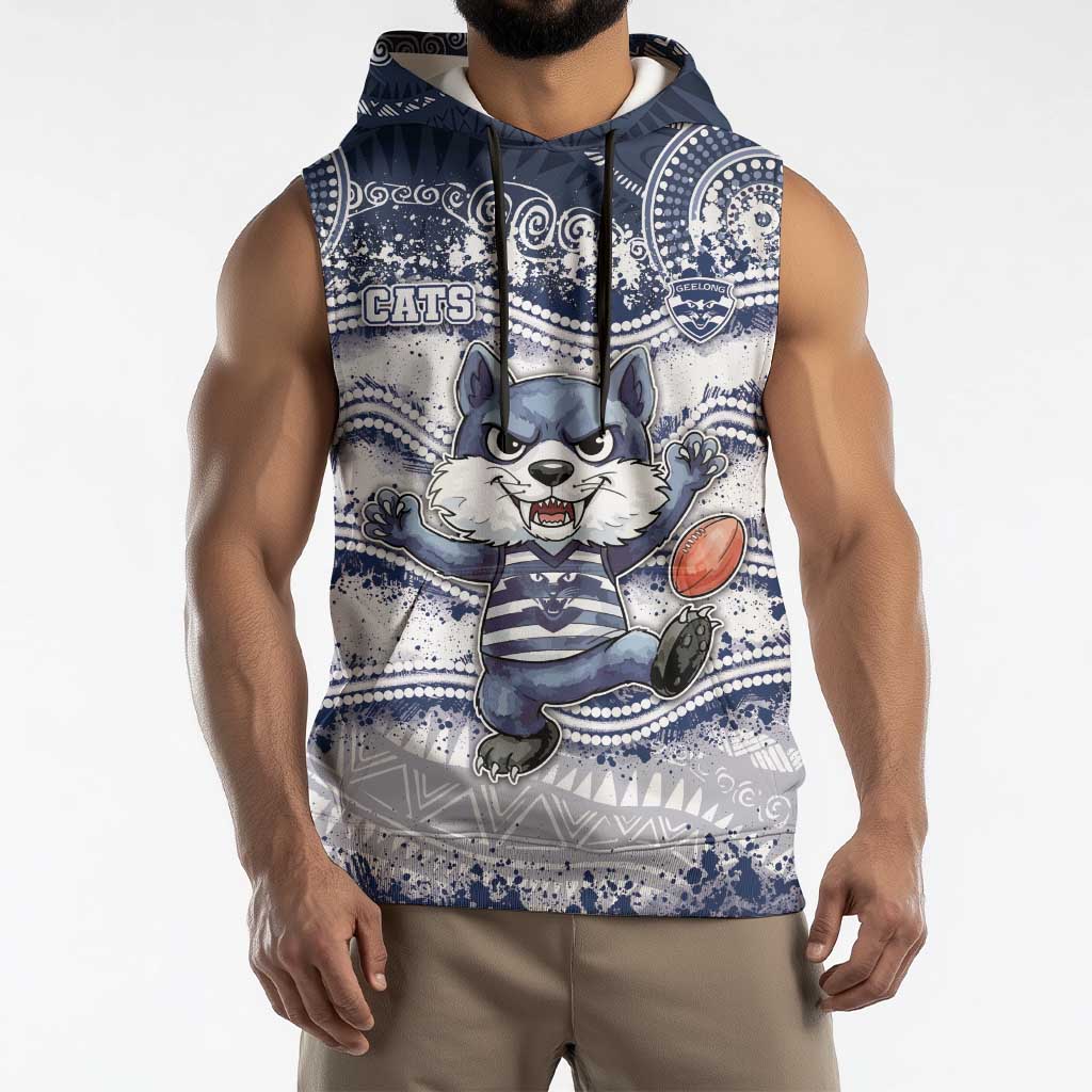Custom Geelong Navy Sleeveless Hoodie Playful Cat Kicking Ball