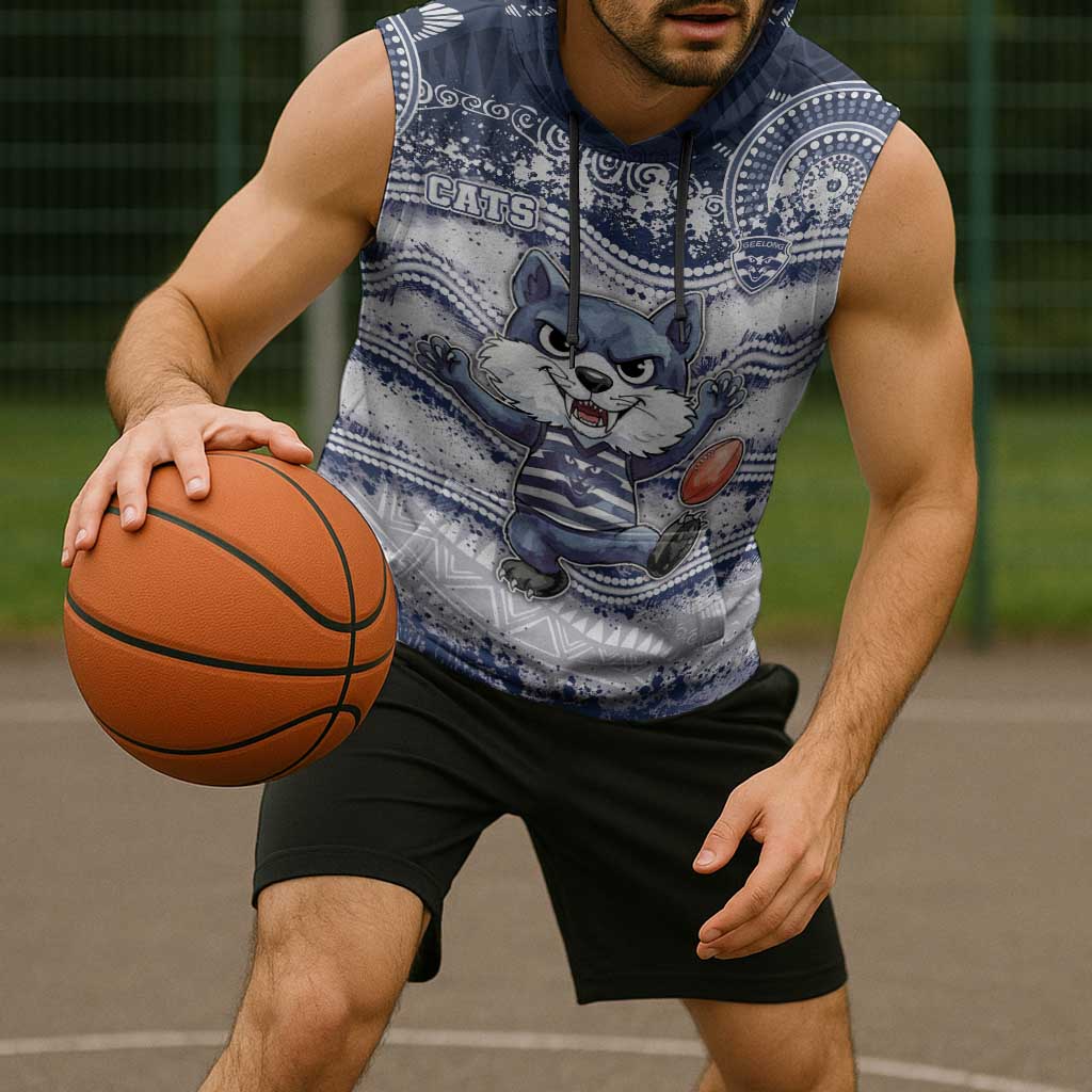 Custom Geelong Navy Sleeveless Hoodie Playful Cat Kicking Ball