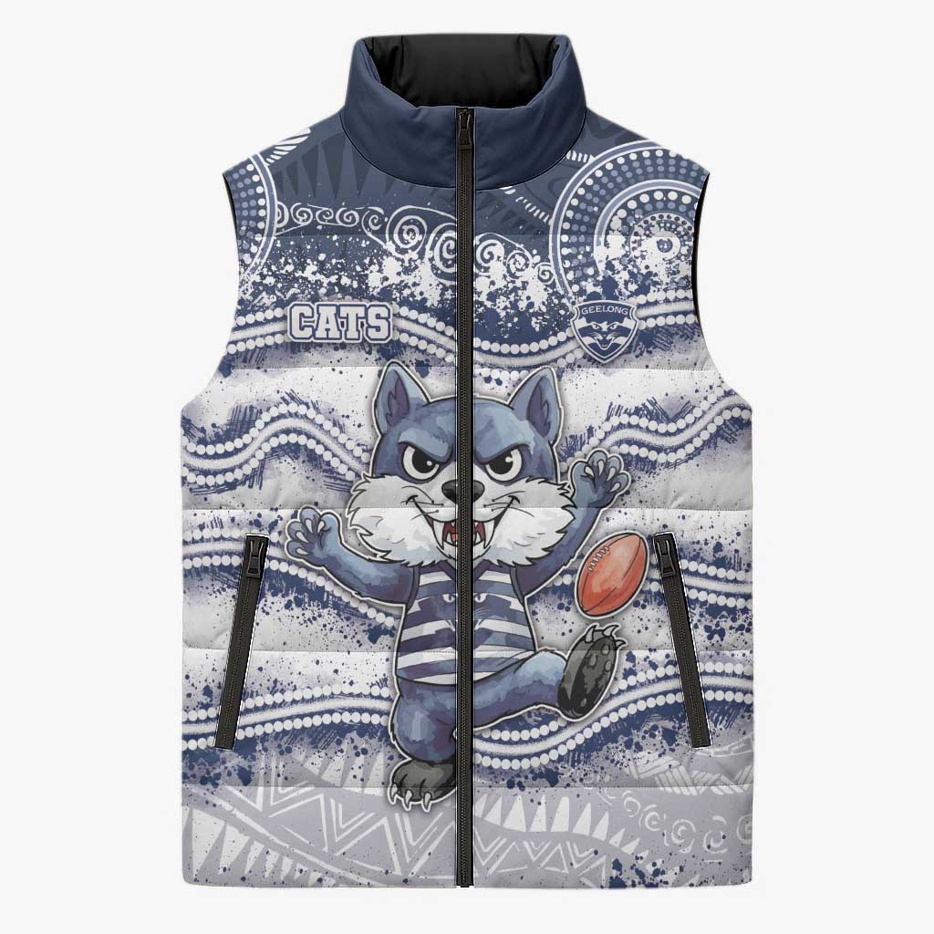 Custom Geelong Navy Sleeveless Puffer Jacket Playful Cat Kicking Ball