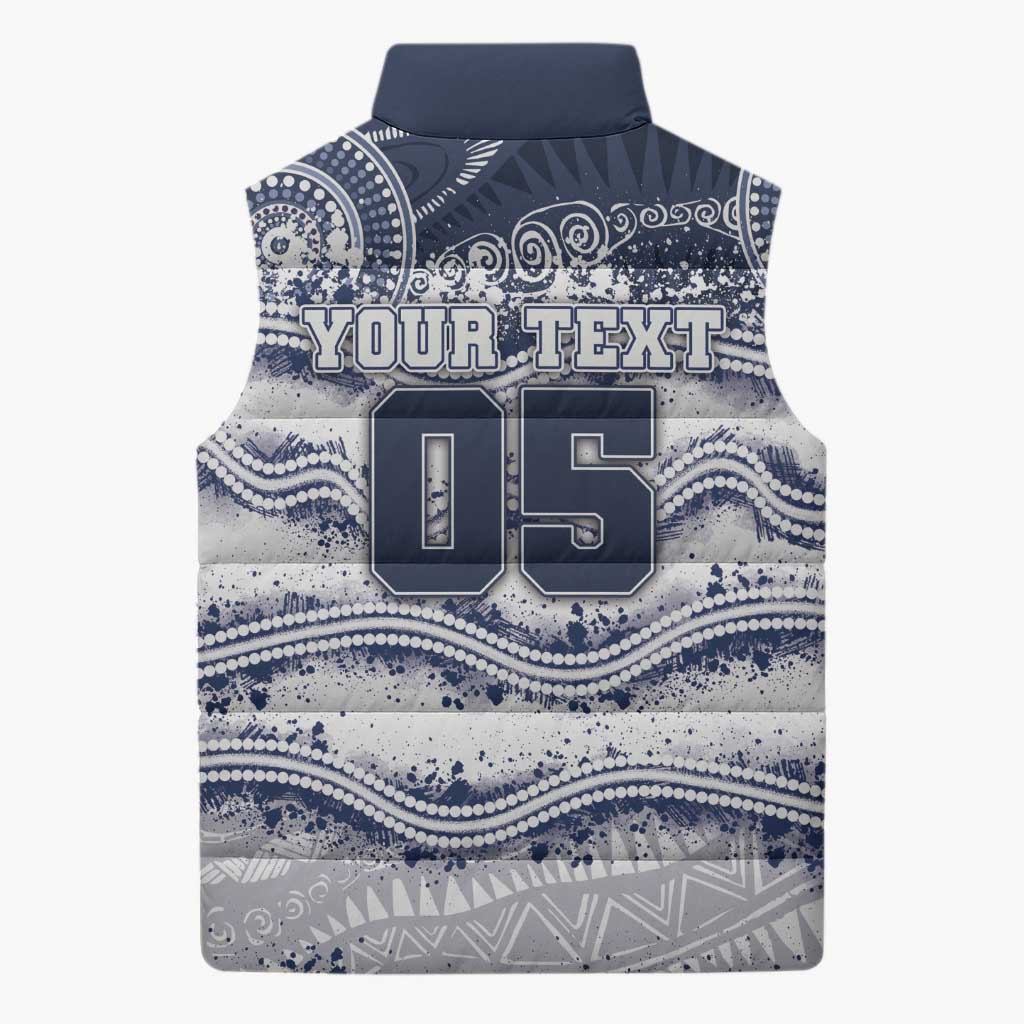 Custom Geelong Navy Sleeveless Puffer Jacket Playful Cat Kicking Ball