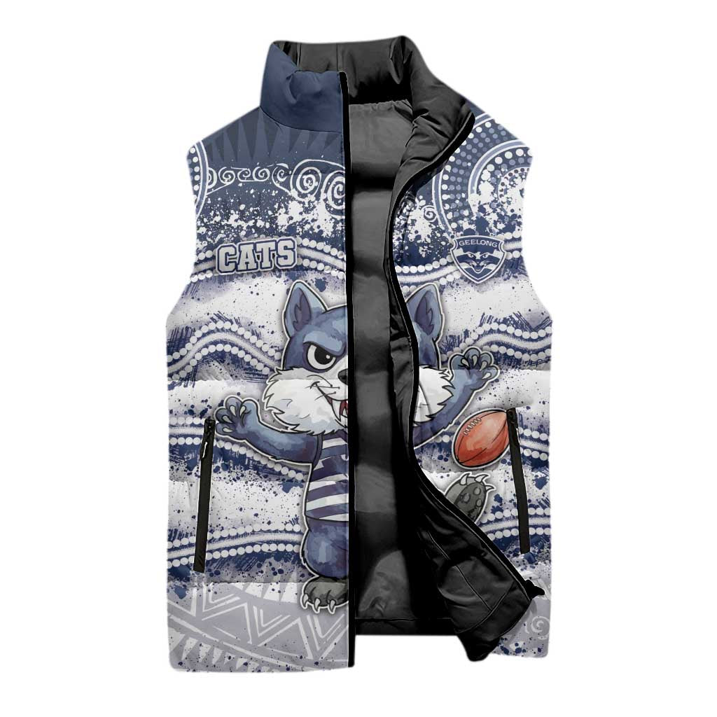 Custom Geelong Navy Sleeveless Puffer Jacket Playful Cat Kicking Ball