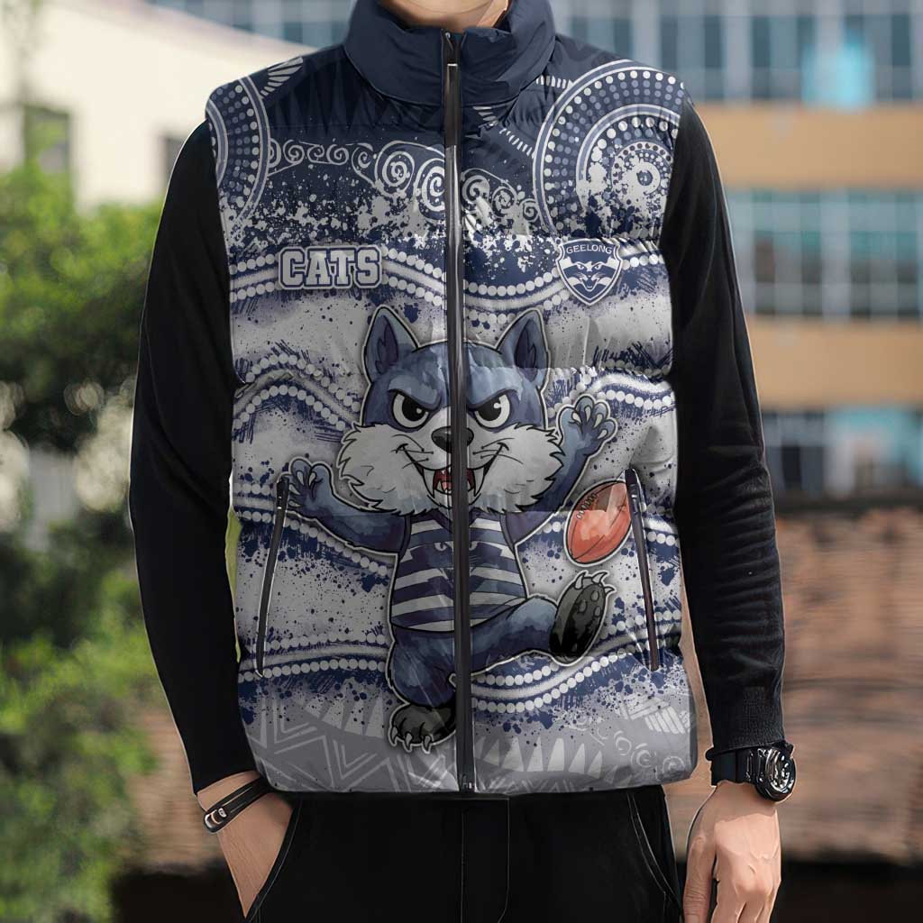 Custom Geelong Navy Sleeveless Puffer Jacket Playful Cat Kicking Ball