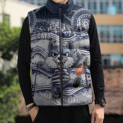 Custom Geelong Navy Sleeveless Puffer Jacket Playful Cat Kicking Ball