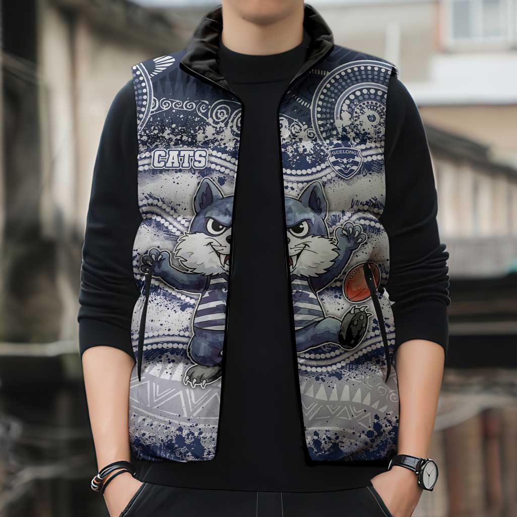 Custom Geelong Navy Sleeveless Puffer Jacket Playful Cat Kicking Ball