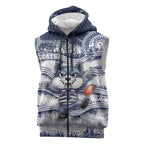 Custom Geelong Navy Sleeveless Zip Hoodie Playful Cat Kicking Ball