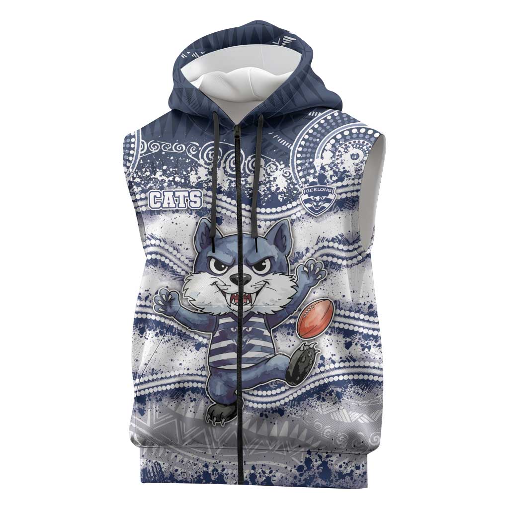 Custom Geelong Navy Sleeveless Zip Hoodie Playful Cat Kicking Ball