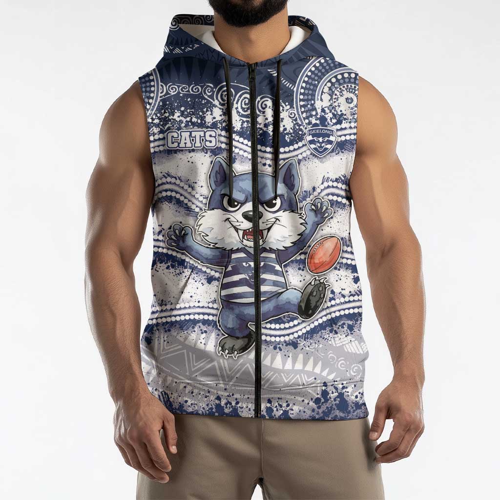 Custom Geelong Navy Sleeveless Zip Hoodie Playful Cat Kicking Ball