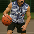 Custom Geelong Navy Sleeveless Zip Hoodie Playful Cat Kicking Ball