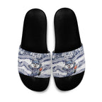 Geelong Navy Slide Sandals Playful Cat Kicking Ball