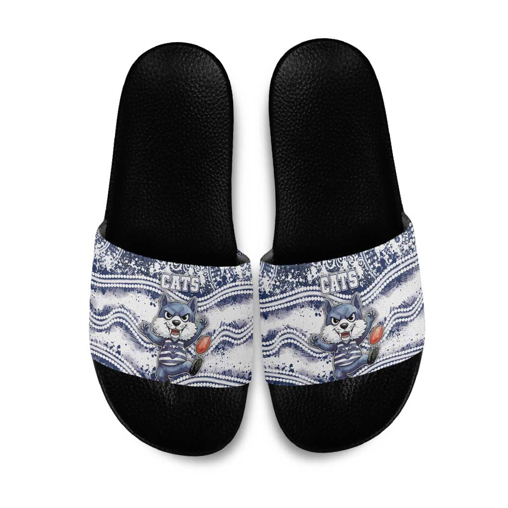 Geelong Navy Slide Sandals Playful Cat Kicking Ball