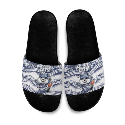 Geelong Navy Slide Sandals Playful Cat Kicking Ball