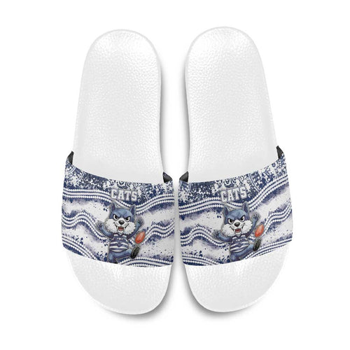 Geelong Navy Slide Sandals Playful Cat Kicking Ball