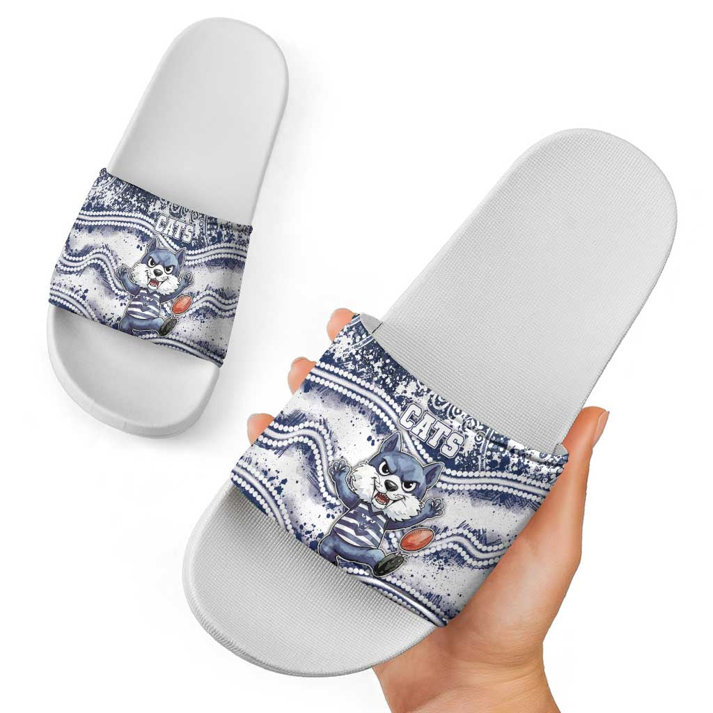 Geelong Navy Slide Sandals Playful Cat Kicking Ball