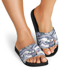 Geelong Navy Slide Sandals Playful Cat Kicking Ball