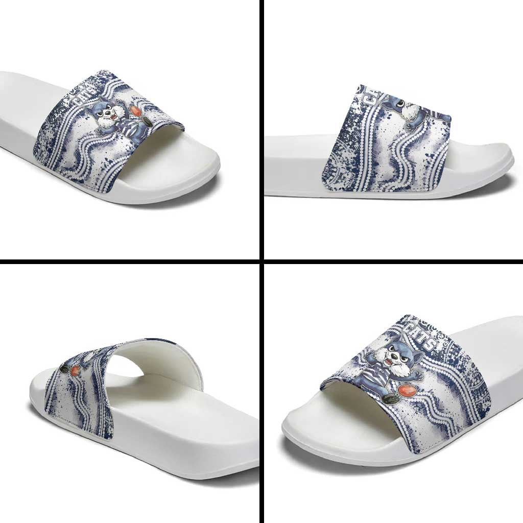 Geelong Navy Slide Sandals Playful Cat Kicking Ball