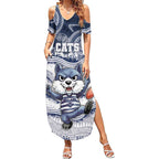 Custom Geelong Navy Summer Maxi Dress Playful Cat Kicking Ball