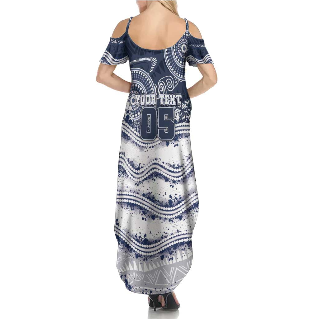 Custom Geelong Navy Summer Maxi Dress Playful Cat Kicking Ball
