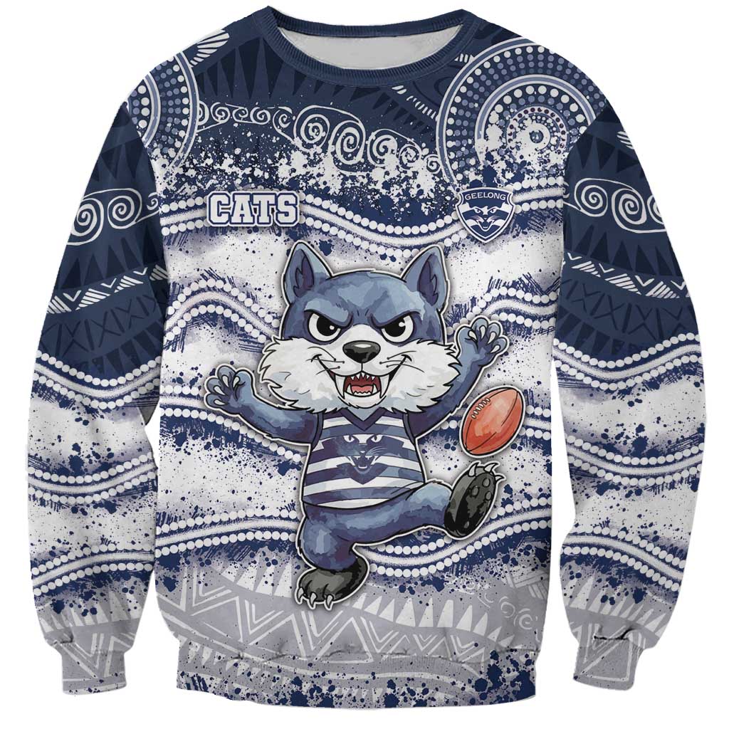 Custom Geelong Navy Sweatshirt Playful Cat Kicking Ball