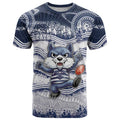 Custom Geelong Navy T Shirt Playful Cat Kicking Ball