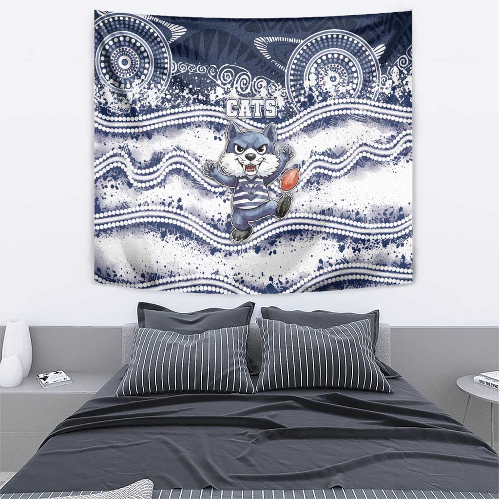 Geelong Navy Tapestry Playful Cat Kicking Ball