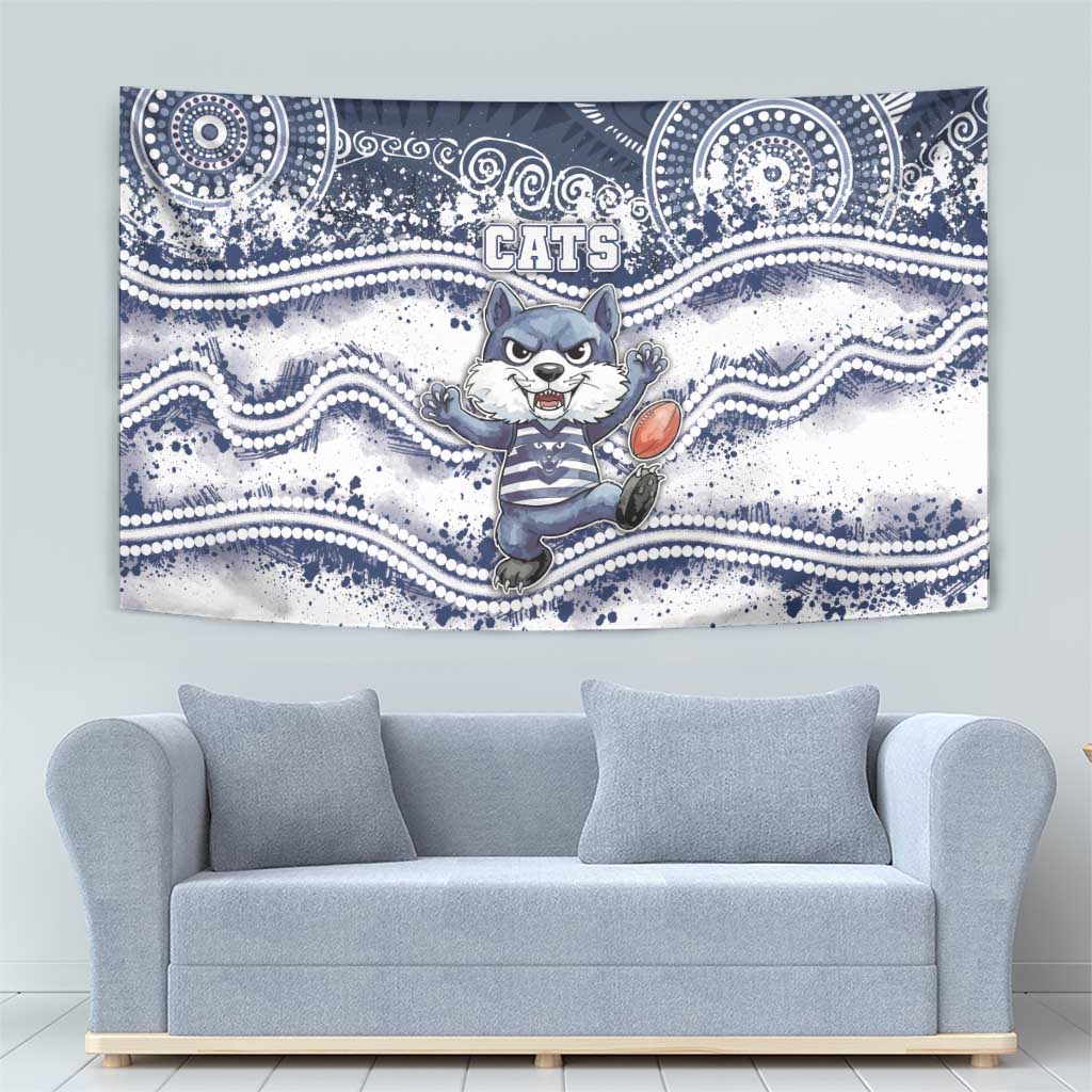 Geelong Navy Tapestry Playful Cat Kicking Ball