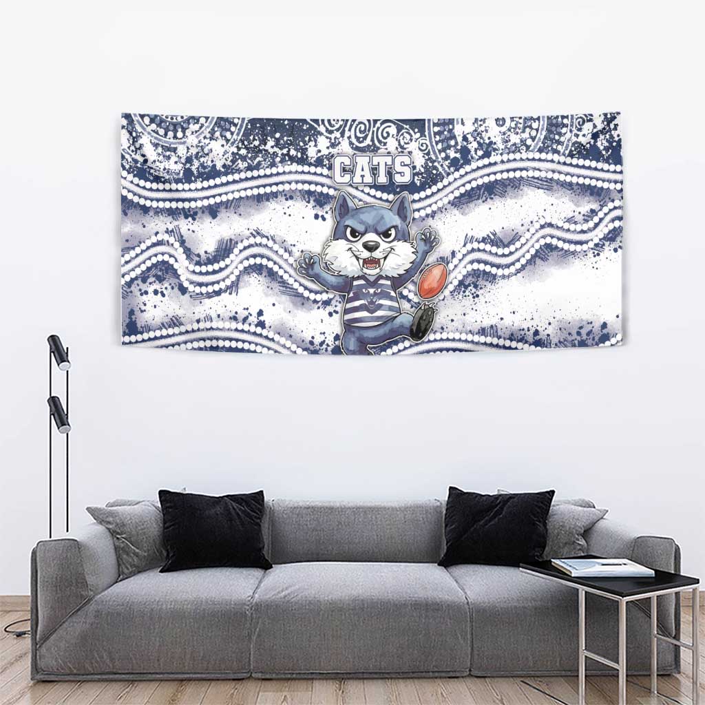 Geelong Navy Tapestry Playful Cat Kicking Ball