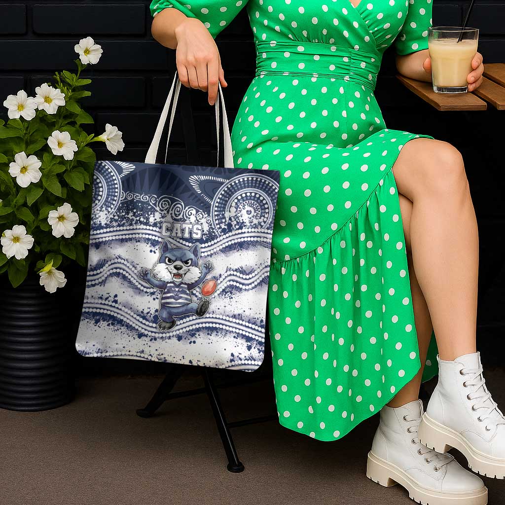 Geelong Navy Tote Bag Playful Cat Kicking Ball