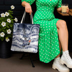 Geelong Navy Tote Bag Playful Cat Kicking Ball