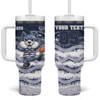 Custom Geelong Navy Tumbler With Handle Playful Cat Kicking Ball
