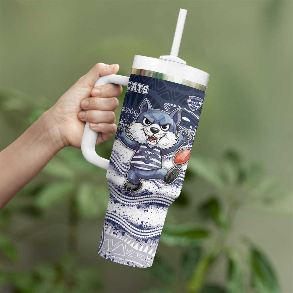 Custom Geelong Navy Tumbler With Handle Playful Cat Kicking Ball