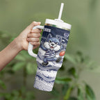 Custom Geelong Navy Tumbler With Handle Playful Cat Kicking Ball