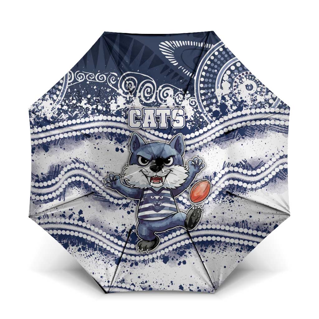Geelong Navy Umbrella Playful Cat Kicking Ball