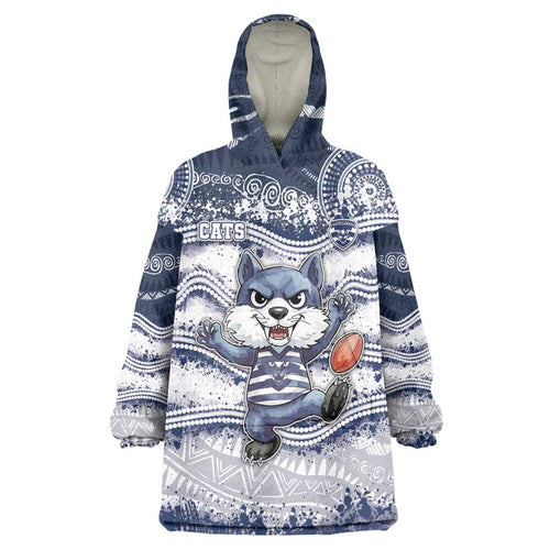 Custom Geelong Navy Wearable Blanket Hoodie Playful Cat Kicking Ball