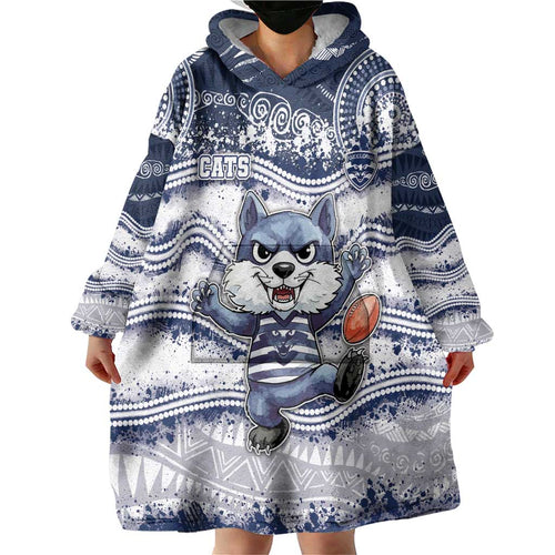 Custom Geelong Navy Wearable Blanket Hoodie Playful Cat Kicking Ball