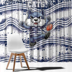 Geelong Navy Window Curtain Playful Cat Kicking Ball