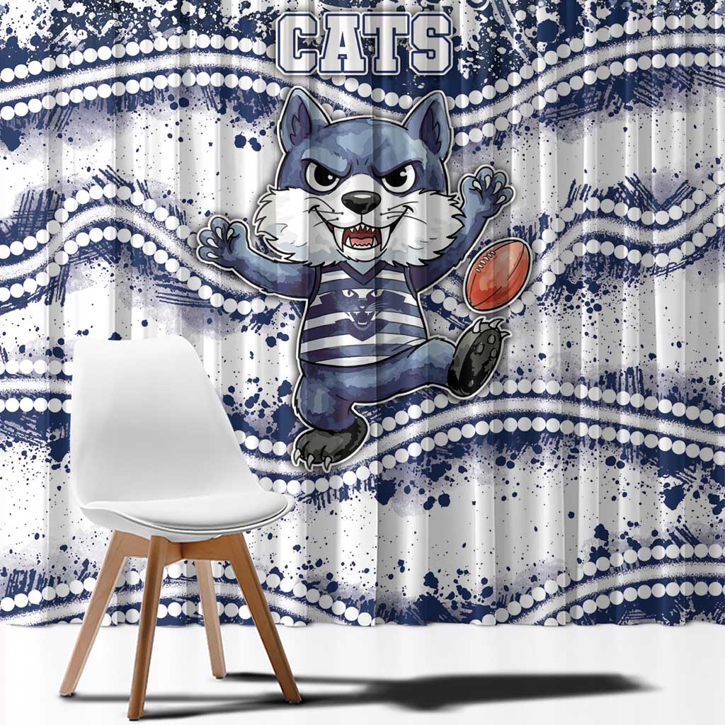 Geelong Navy Window Curtain Playful Cat Kicking Ball