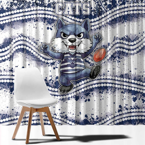 Geelong Navy Window Curtain Playful Cat Kicking Ball