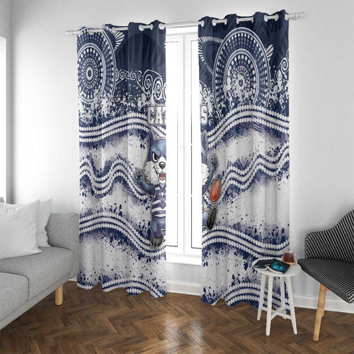 Geelong Navy Window Curtain Playful Cat Kicking Ball