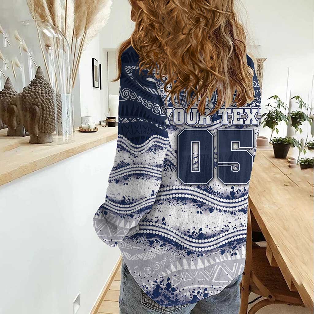 Custom Geelong Navy Women Casual Shirt Playful Cat Kicking Ball