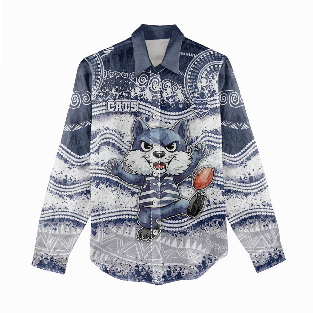 Custom Geelong Navy Women Casual Shirt Playful Cat Kicking Ball