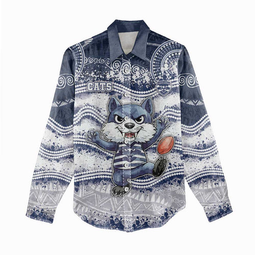 Custom Geelong Navy Women Casual Shirt Playful Cat Kicking Ball