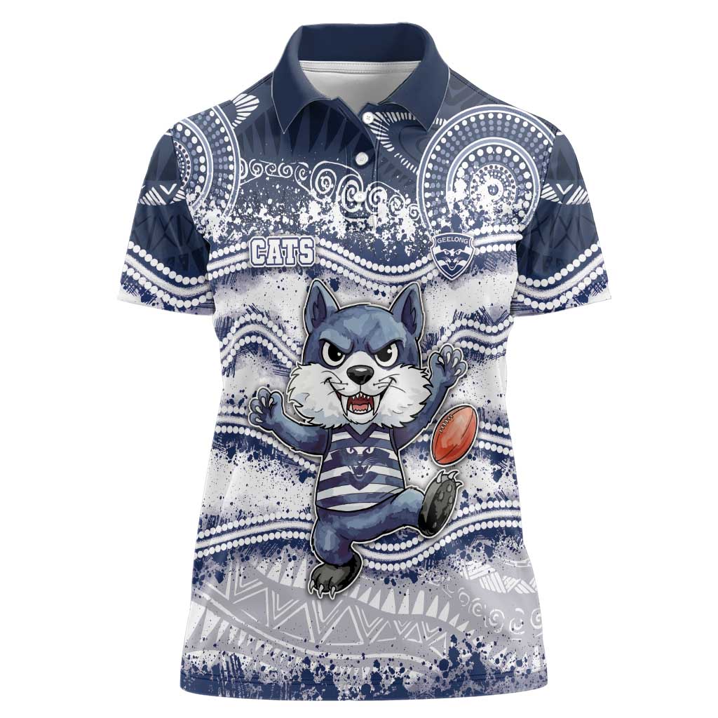 Custom Geelong Navy Women Polo Shirt Playful Cat Kicking Ball