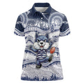 Custom Geelong Navy Women Polo Shirt Playful Cat Kicking Ball