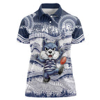 Custom Geelong Navy Women Polo Shirt Playful Cat Kicking Ball