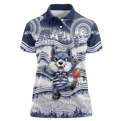 Custom Geelong Navy Women Polo Shirt Playful Cat Kicking Ball